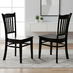 Slat Back Wooden Seat Kitchen Chairs, Set of 2, Black
