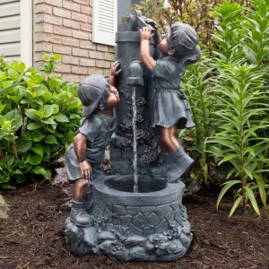 Outdoor Water Fountain with Boy and Girl,